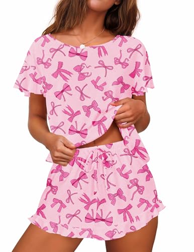 Image of Ekouaer Women's Pajama Set Ruffle Sleeves Top and Short | 2 Piece Ruffle Hem Sleeves Top and Shorts Pjs Set, Soft Short Sleepwear Set, Elastic Waistband Design