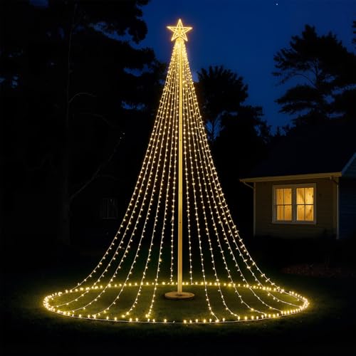 VIHOSE 21.3ft 1180 LEDs Flagpole LED Christmas Tree for 20ft Flag Pole Outdoor Waterfall Lights Christmas Decoration Star String Lights 8 Modes, Large Waterproof Xmas Decor for Yard (Without Flagpole)