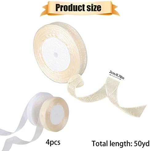 4 Rolls White Gold Organza Ribbon,Clear Shimmer Chiffon Ribbon Each 20mm x 50Yards Sheer Ribbons for Gift Wrapping Birthday DIY Crafts Party Halloween Christmas