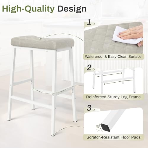Butacos de Barra Altos para Cocina, Juego de 4, Asiento en Cuero Sintético PU con Diseño de Silla de Montar y Patas Metálicas Blancas, Color Beige Claro Gris miniatura 4
