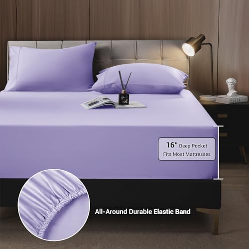 Image of Shilucheng 4 Piece Queen Sheet Sets, Cooling Sheets, Blend Rayon Derived from Bamboo, Deep Pocket Up to 16 inch, Breathable & Soft Bed Sheets, Hotel Silky Bedding Set, Lavender