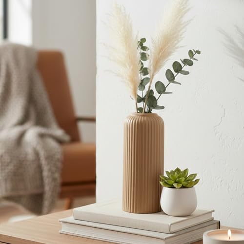 Image of KREATIVE ART'S Modern Ribbed Design Ceramic Flower Vase for Living Room, Flower Pots for Artificial Flower, Home Decoration Item, Home Decor, Vases for Living Room (Beidge, Medium)