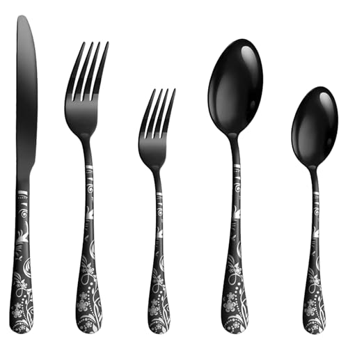 Image of aDai Matte Black Silverware Set | Satin Finish 5-Piece Flatware Set with Unique Floral Printed Handle | Dishwasher Safe Stainless Steel Cutlery for Home, Restaurant & Gifting