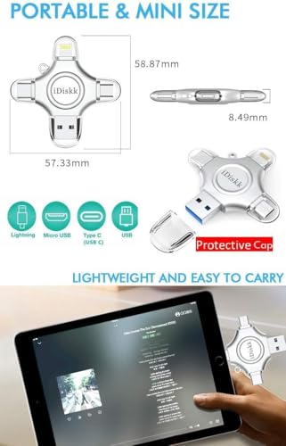 Image of iDiskk 64GB MFi 4-in-1 Photo Stick for iPhone iPad Android Mac Windows | 4-in-1 Lightning /USB-C /USB-A /Micro USB Flash Drive, MFi Certified, USB 3.0 High Speed, Free iDiskk App for phone /iPad