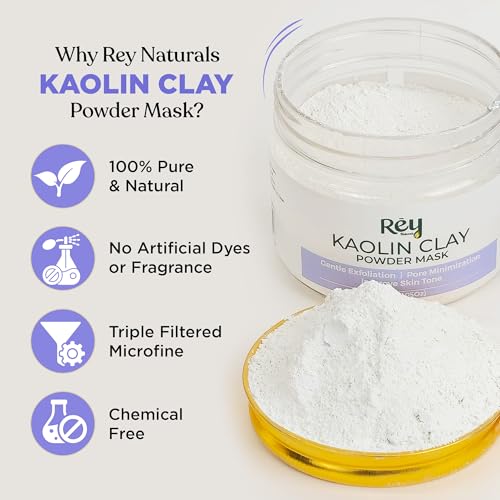 Image of Rey Naturals Kaolin Clay Powder For Face & Body - 200g | Face Pack For Deep Cleansing & Glowing Skin | Kaolin Clay For Acne, Blackheads & Oily Skin | Facial Self Care for Men and Women