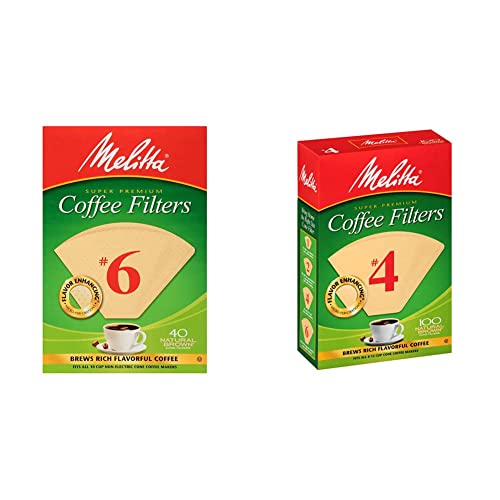 Melitta #6 Cone Coffee Filters, Natural Brown, 40 Count (Pack of 12, 480 Total Filters) & #4 Cone Coffee Filters, Natural Brown, 100 Count (Pack of 6, 600 Total Filters)
