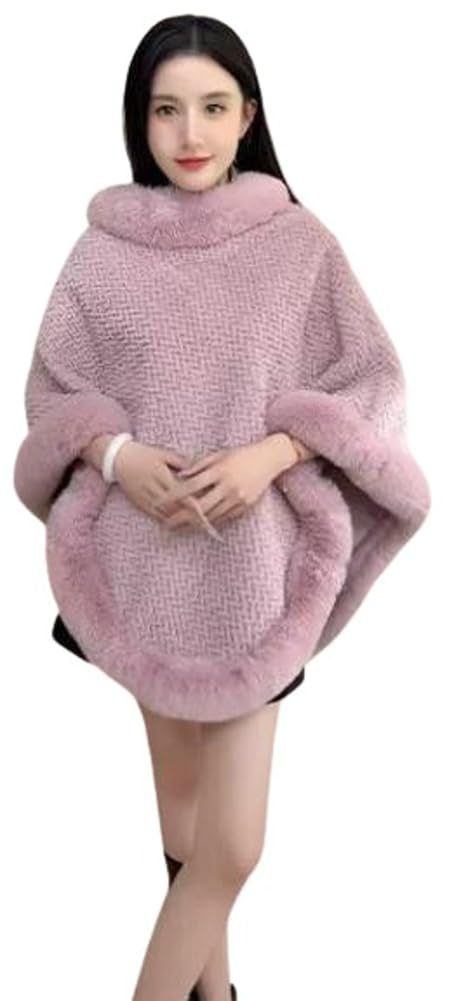 Womens Stripe Cardigan Knit Poncho Cape with Fluffy Brim Pullover Pashmina Fall Winter Slimming Fit Cropped Shawls Warps