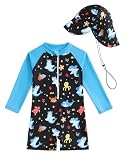UV Kleidung Baby Badeanzug mit Hut Gr 62-98, Langarm UV Schutzkleidung Schwimmanzug Baby Mädchen Junge, Kleinkind Einteiliger UV Badebekleidung Shirt, Blau Ozean 1-2 Jahre/80-86