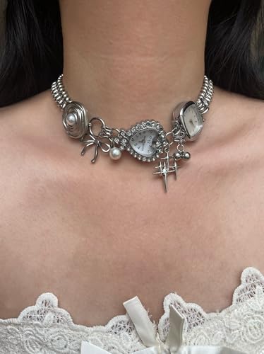 Vintage Watch Pendant Silver Chain Choker Necklace,Pearl Charm Necklace,Heart Watch Charm Necklace,Punk Accessory for Casual2