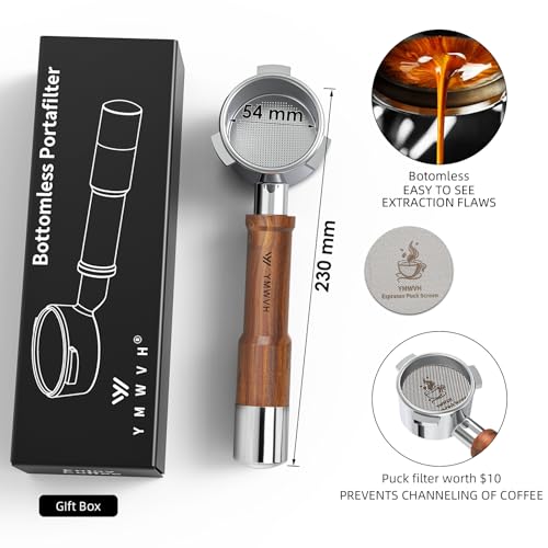 Image of 54mm Bottomless Portafilter with Puck Screen | Fits for 54mm Breville Machines | 100% Stainless Steel portafilter and Walnut wood Handle|Espresso Machine Accessories(Walnut)