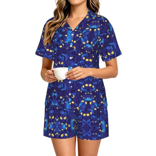 WBQLSL Cat's Eye Light Ensemble de pyjama à manches courtes pour femme avec col boutonné et taille élastique, Noir , 3XL-6XL – vue 2