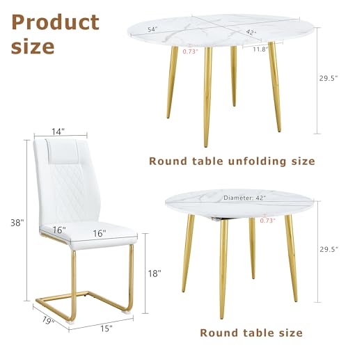 Image of Round Dining Table Set for 6, 42-54 inch Expandable Dining Table with 6 PU Upholstered Chairs, Engineered Wood Top, Space-Saving Round Kitchen & Dining Room Table Set(1 Table + 6 White Chairs)