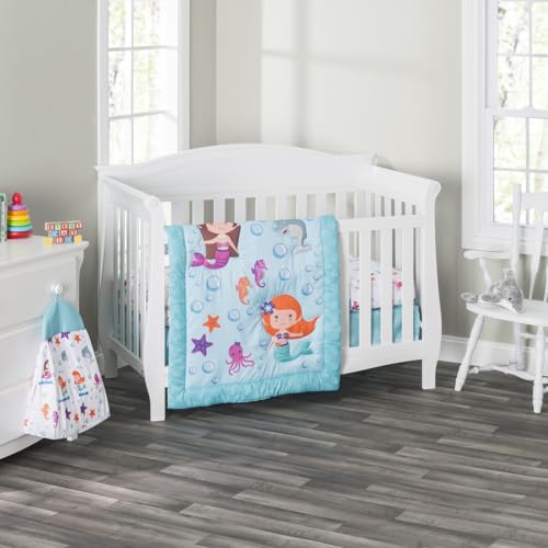 Image of EVERYDAY KIDS 3 Piece Girls Crib Bedding Set - Mermaid Adventures - Includes Quilt, Fitted Sheet and Dust Ruffle - Nursery Bedding Set - Baby Crib Bedding Set