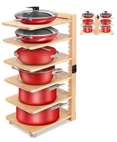 Yousudu Pot and Pan Organizer under Cabinet - Collapsible Wood Pot Organizers inside Cabinet for Heavy Duty - 6-Tier Adjustable Pan Pack - Perfect to Store Pots/Pans/Lids