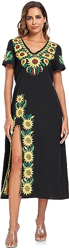 Image of YZXDORWJ Women Mexican Embroidered Dress V Neck Sexy Maxi Short Sleeve Casual Beach Split Dress