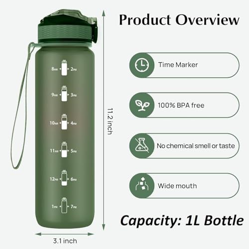 NAVTUE Trinkflasche, 1L BPA-Frei Tritan Sport Wasserflasche mit Strohhalm, Zeitmarkierungen, Auslaufsicher Sport Trinkflasche für Schule, Fitnesss, Fahrrad, Camping, Yoga, Outdoor(1 Flasche)