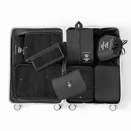 9 Piece Waterproof Travel Packing Cubes Set 3Sizes Mesh Bags, Triangle Cosmetic Bag and Hanging Toiletry Bag Lightweight and Space-Saving Luggage Organiz