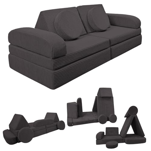 Izabell® Sofá modular infantil y sofá de juegos – Creativo sofá de pana suave con fundas impermeables – Perfecto para jugar y como cama para niños (grafito)