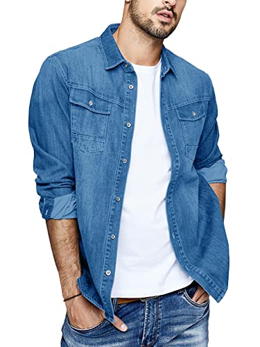 Gemijacka Camisa vaquera de manga larga para hombre, corte regular, camisa vaquera Western Cowboy, camisa informal ligera de entretiempo, azul, XXL Cover