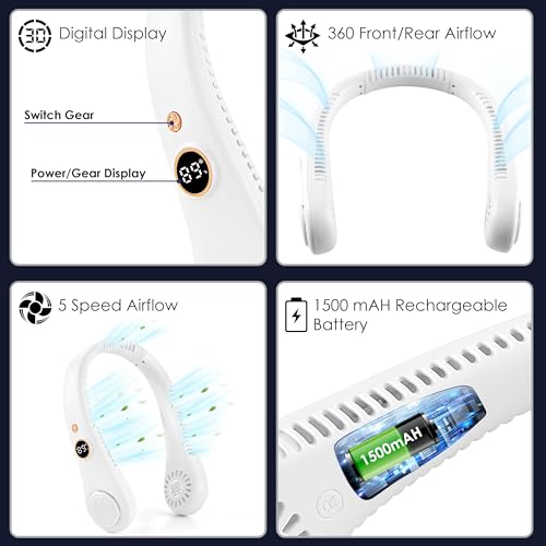 Image of Gesto Portable Neck Fan Rechargeable - Hands-Free Neck Fan for Summer With 1500 mAh Battery & Display | 5-Speed 360 Airflow, USB Charging Personal Fan for Home, Kitchen, Gym, Travel, Running -White