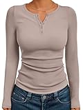 Trendy Queen Long Sleeve Henley Shirts for Women Fall Winter Ribbed Thermal Tops Casual Blouses Basics Tees Cute Sweaters Taupe M