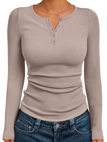 Trendy Queen Long Sleeve Henley Shirts for Women Fall Winter Ribbed Thermal Tops Casual Blouses Basics Tees Cute Sweaters Taupe M