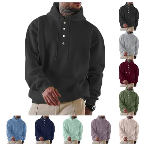 evzosrz Mens Hooded Sweatshirt Button Collar Drawstring Fashion Fleece Hoodies Casual Long Sleeve Solid Shirts with Pocket2