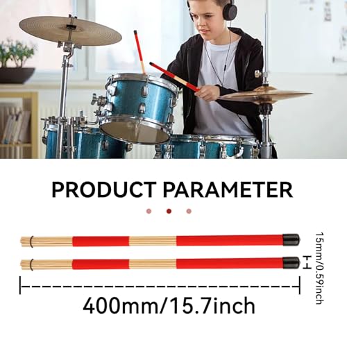 3Pairs Wood Brush Drum Sticks, 16inch 19 Bundle Rods Drumsticks Drum Brushes Sticks Rod Drumsticks Music Instrument Accessory for Jazz, Folk, Small Venue and Acoustic Performance (Red)