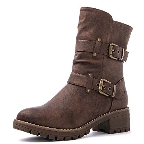 GLOBALWIN Fashion Ankle Boots For Women Brown Biker Boots Low Heel Motorcycle Boots Size 7.5M