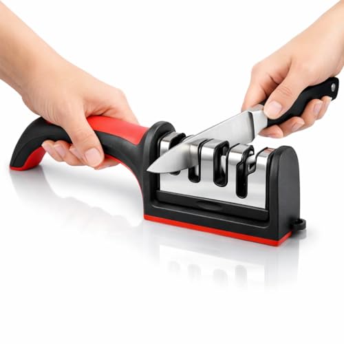 Amolador e Afiador de Facas 4 em 1 Profissional Compacto – Aço Durável, Base Antiderrapante, Cabo Ergonômico e Corte Preciso – Qualidade Premium