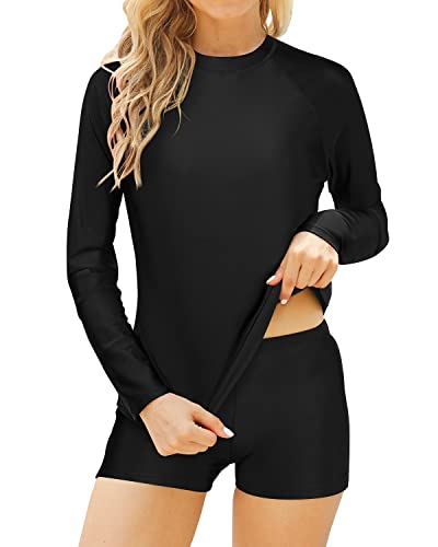 Daci Women Two Piece Rash Guard Long Sleeve Bathing Suit UV Block Swimsuits Boy Shorts Bottom Swim Shirt