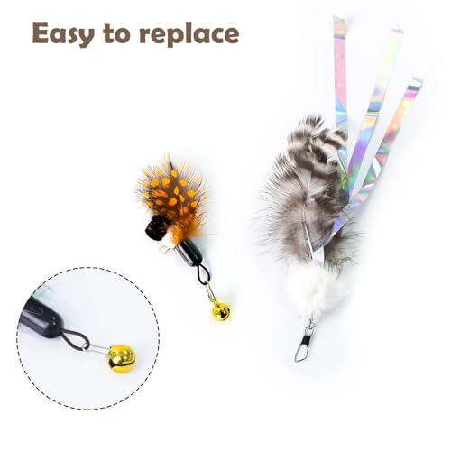 Hokoad Cat Insect Feather Toys Replacement Cat Toy Wand Refills, 6 Pieces Natural Insect Cat Toy Feathers Refill, Interactive Cat Teaser Wand Attachments, with Bell
