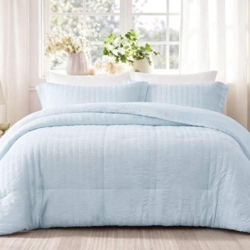 Quataly Twin Comforter Set Seersucker Lightweight Bed Set for All Season 1 Elegant Sky Blue Comforter (68x90) and 1 Soft Pillowcase (20x30)