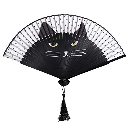 eaacaa Plegable de Bambú Seda con Patrón de Gato Ventilador de Mano
