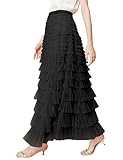 PEHMEA Women's Tulle Midi Skirt Elastic High Waist A-Line Ruffle Tiered Layered Mesh Puffy Long Maxi Skirt(Black-M)