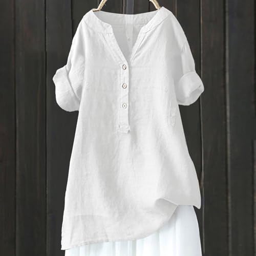 Linen Shirts for Women Button Down V Neck Boho Tees Short Sleeve Loose Fit Beach Tops Plus Size Casual Work Blouses2