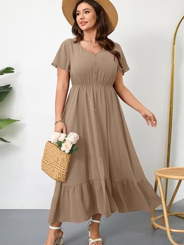 Image of RWJ Women Plus Size Maxi Dress V Neck Short Sleeve Button Trim Split Flowy Tiered Casual Long Dresses 2025 L-3XL