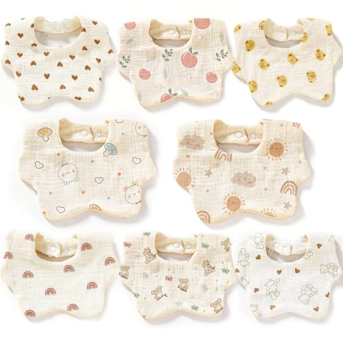 xolear 8 Pièces Bavoirs Bébé Mousseline, 100% Coton Bebe Bavoir Motif Pétales Irrégulier Bibs Naissance avec Bouton Pression Réglable Doux Absorbant...