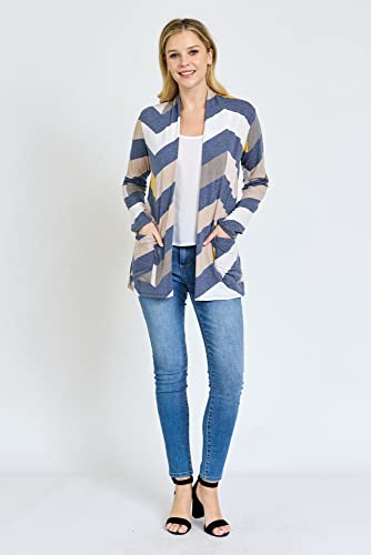 Image of Eloges Women's Multi Stripe Soft Knit Open Cardigan with Suede Elbow Patch