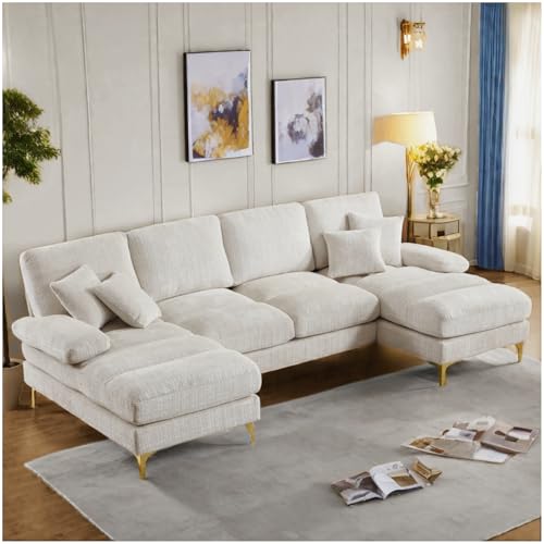 Racxily Sofá de 4 plazas con cojines, sofá esquinero, sofá modular en U, diseño moderno, sofá de salón, chenilla (beige)