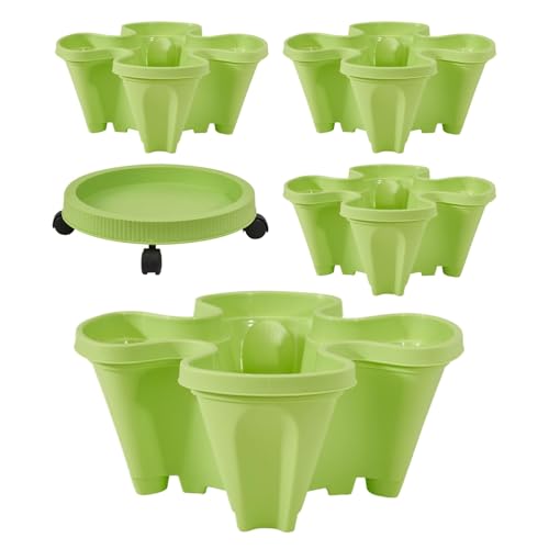 Stapelbarer Pflanztopf mit 4 Töpfen, Garten-Pflanzgefäß-Set mit abnehmbarem Tablett und Rädern, vertikales Display für Sukkulenten, Outdoor/Innenbereich, Pflanzzubehör, Blumentöpfe