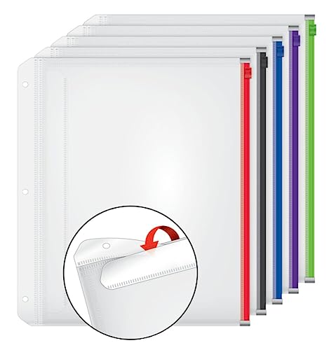 Cardinal Plastic Zippered Binder Pockets, 3-Hole Punched, Fits Full Letter Size 8-1/2" X 11" Sheets, Clear With Multicolor Zippers, 5-Pack (14650) #TOP1