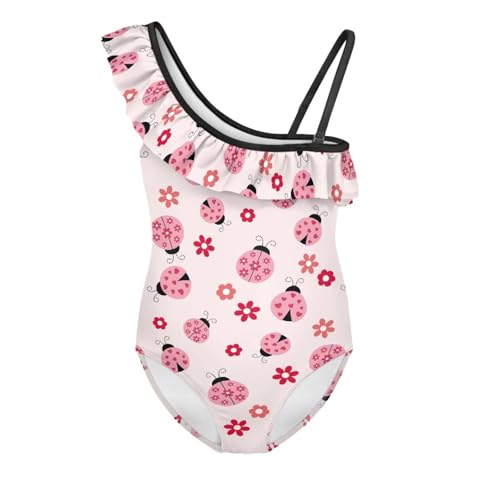 Forchrinse Girls One Piece Red Ladybug Swimsuit Cute One Shoulder Ruffle Swimwear with Adjustable Strap