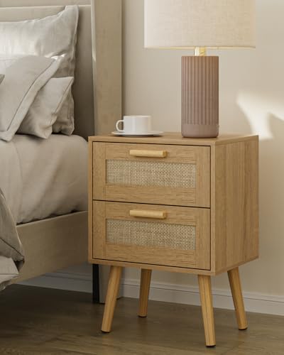 Masupu Rattan Night Stand,Modern nightstand Boho Bedside Table with 2