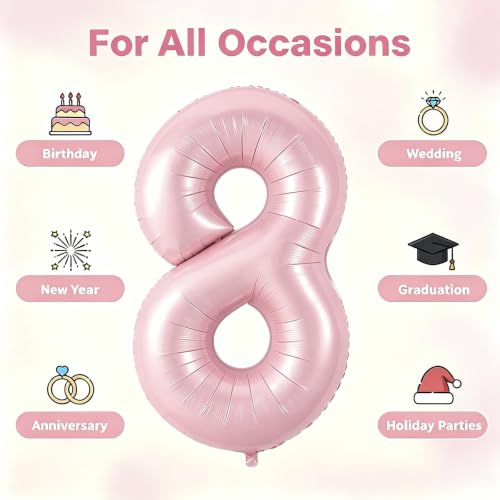Image of Number Balloons Pink Party Balloon - Giant Number 8 Balloon, 40 Inch Large Balloon, Birthday Decorations for Women, Birthday Balloon for Anniversary Baby Shower Princess Party Decorations