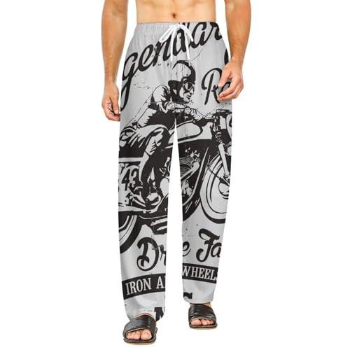 Bas de pyjama femme long avec poches latérales pantalon de nuit fluide imprimé moto