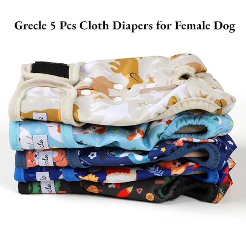 Image of Washable Female Dog Diapers (5 Pack) - Doggie Reusable Small Medium Large Dog Diapers for Doggy Puppy Female in Period - Highly Absorbent Dog Heat Panties,S Plus,Cute Dog Pattern