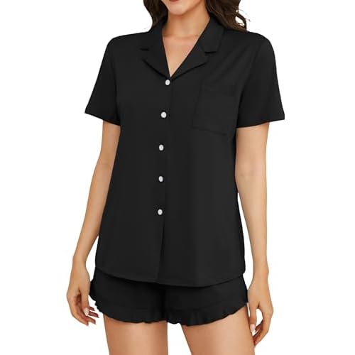 Marvmys Women Short Sleeve Pajamas Set Button Down 2 Piece Pjs Shorts Set Ruffle Lounge Set Sleepwears S-XXL Black X-Large
