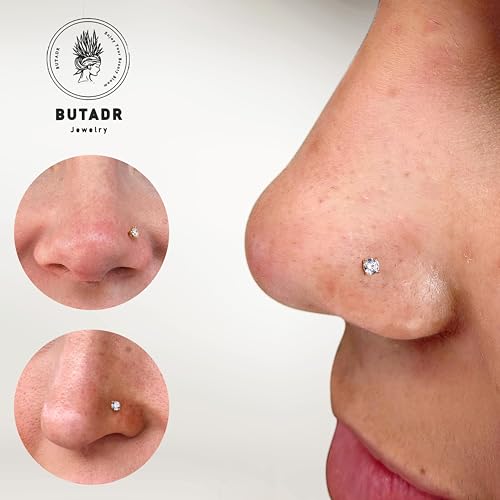 14K Real Gold Nose Studs, 18G 20G Solid Gold L Shaped Nose Rings, Simulated Diamond CZ Hypoallergenic Nose Piercings for Women Men 1.5 2 3MM 6