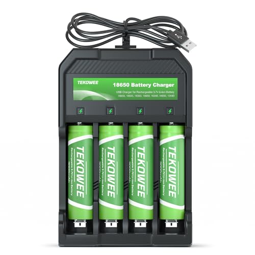 4 Pack 18650 Rechargeable Battery Flat Top with 18650 Battery Charger, 3.7V Lithium Battery 3000mAh for Flashlights, Headlamps, Cameras (4 Pack Battery and Charger)